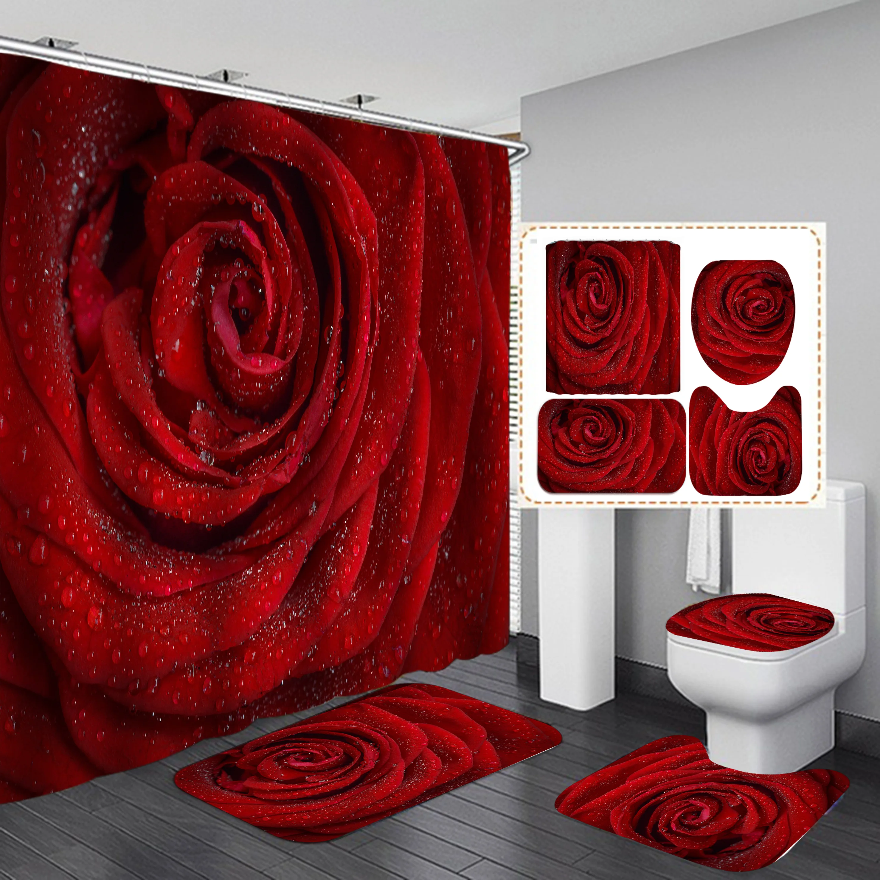 Flowers Pattern Shower Curtain 16 Red Rose Flowers Pattern Shower Curtain Set With Rugs Waterproof Bathing Screen Anti-Slip Toilet Lid Cover Rugs Bathroom Décor