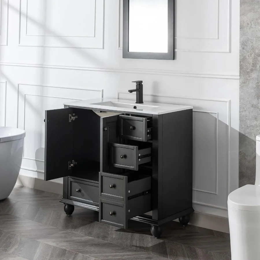 36" Bathroom Vanity Sink Combo Vintage Style with Painted Solid Wood Construction Undermount Ceramic Sink W/Matte Faucet Drain 3
