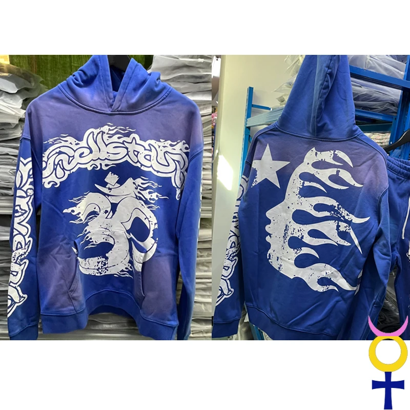 

Europe American Retro Hip-hop Hellstar Sweatshirt Sweatpants Classic Big Logo Side Face Print Hoodie Fall Winter Streetwear
