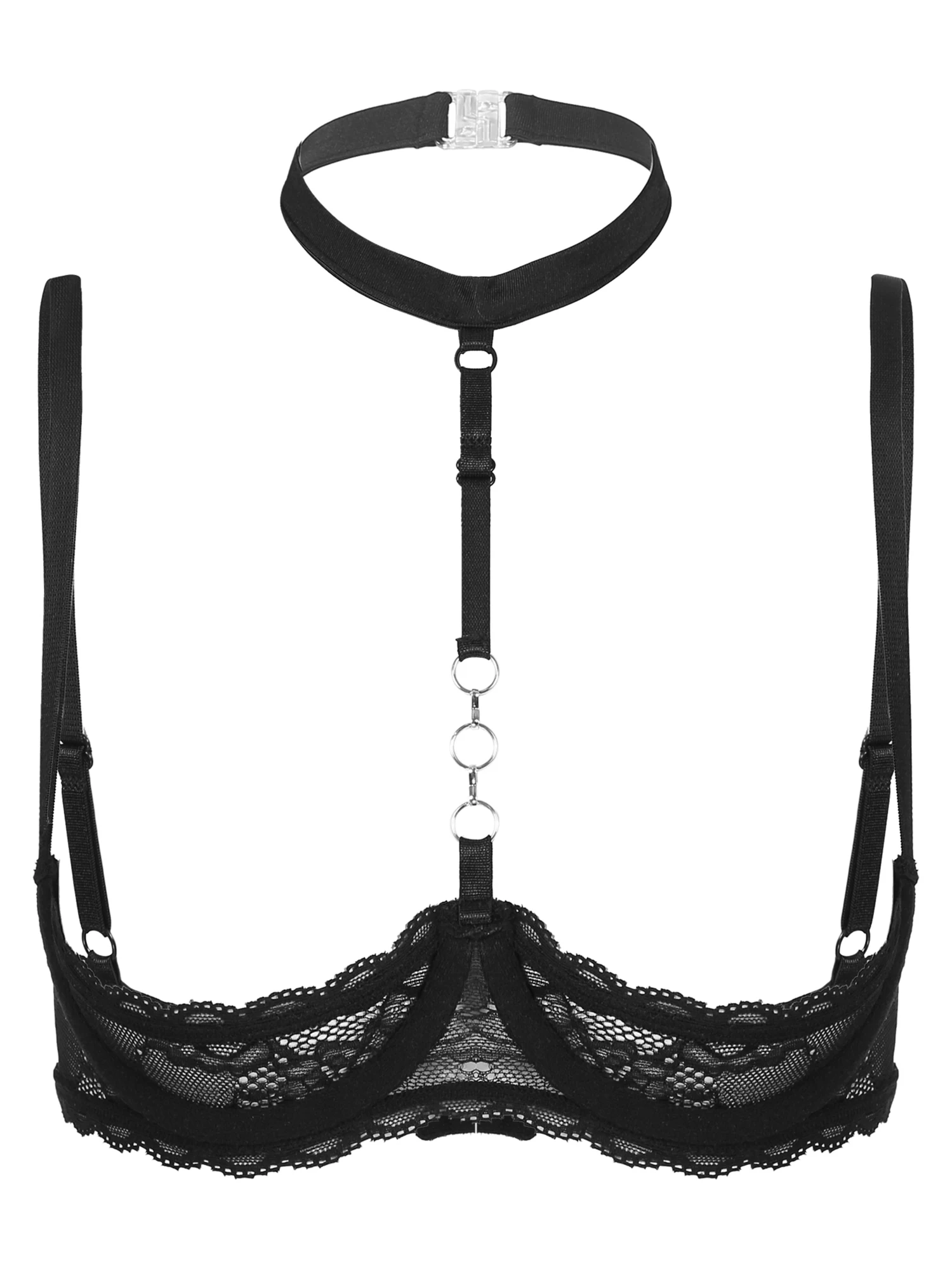 Women Bra Erotic Lingerie Womens Sexy Open Cups Underwire Bra Sheer Soft Lace Halter Neck Brassiere Exotic Exposed Nipples Chest Brace Lingerie Nightwear