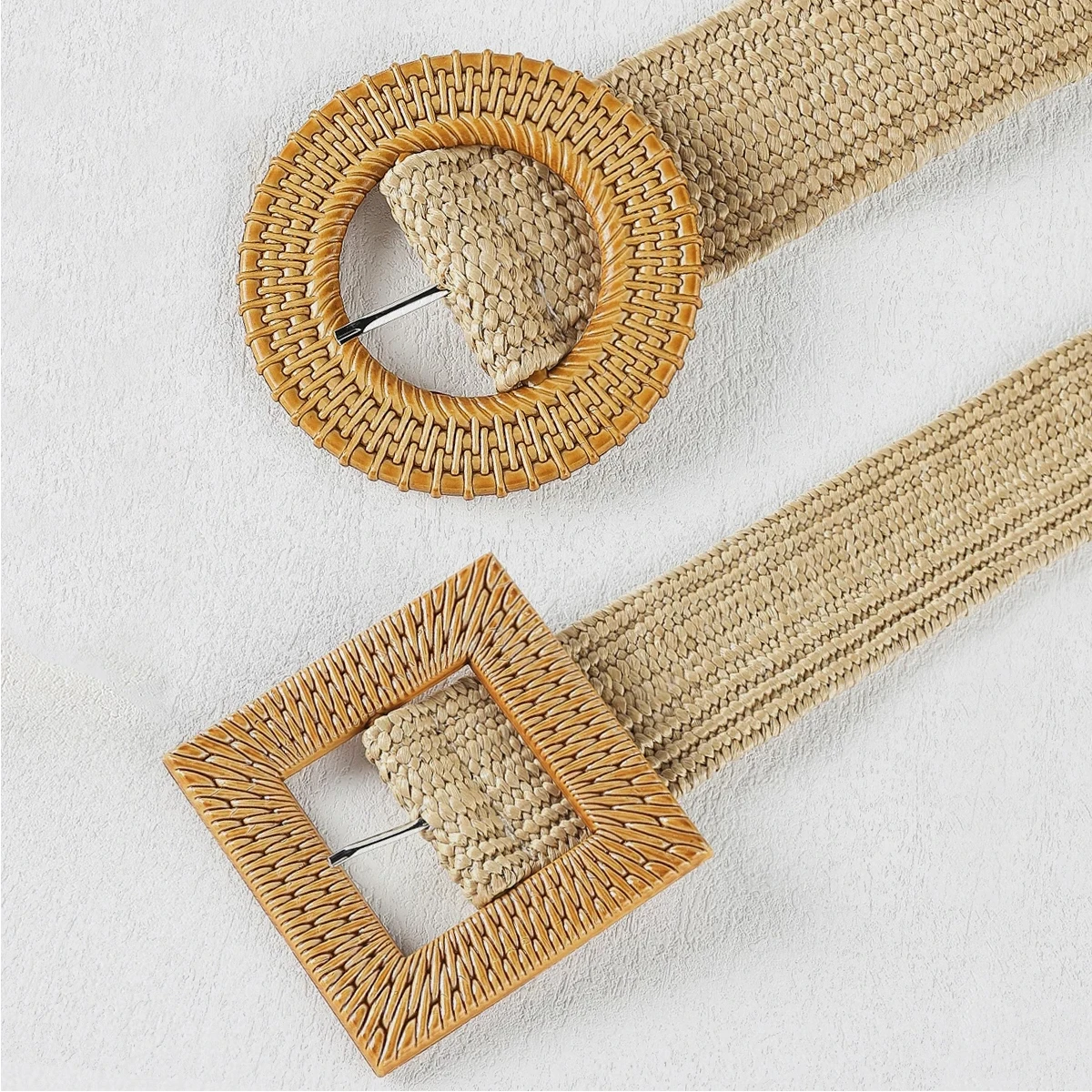 Vintage Bohemian Large Round Square Buckle Braided Belts Women Summer Beach Fake Straw Elastic Wide Belt Female Waistband Hot