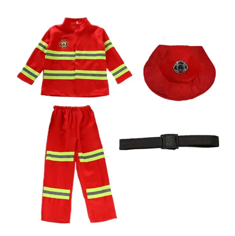 Child Red Firefighter Costume Printed Reflective Stripes Warning Firefighting Uniform with Walkie Talkie Compass Whistle Toys