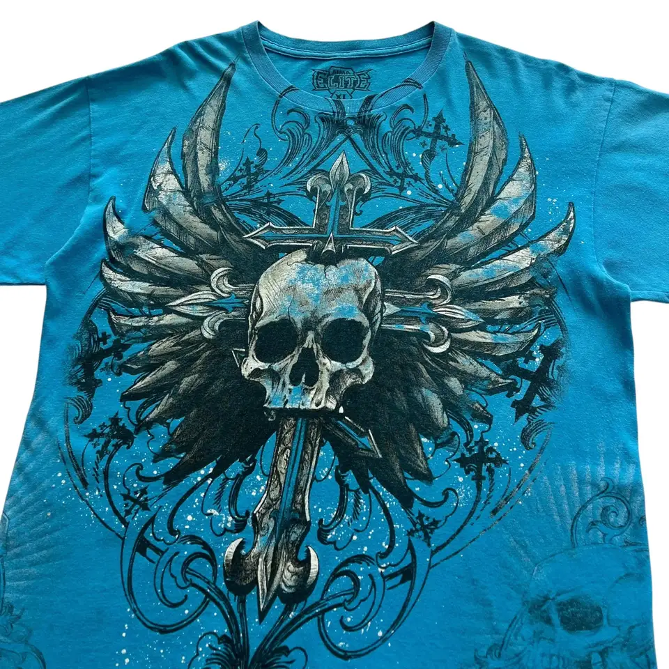 MMA Elite Skull Cross Wing Grunge Cyber Y2K Style T-Shirt