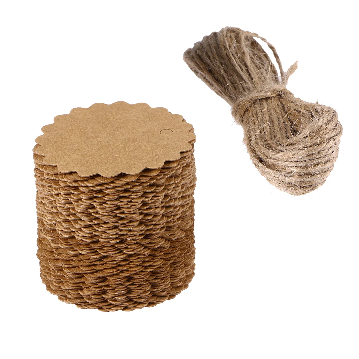 

60mm Round Scalloped Kraft Paper Card / Gift Tag / DIY Tag / Luggage Tag / Price Label With 10M Jute Twine (Brown)