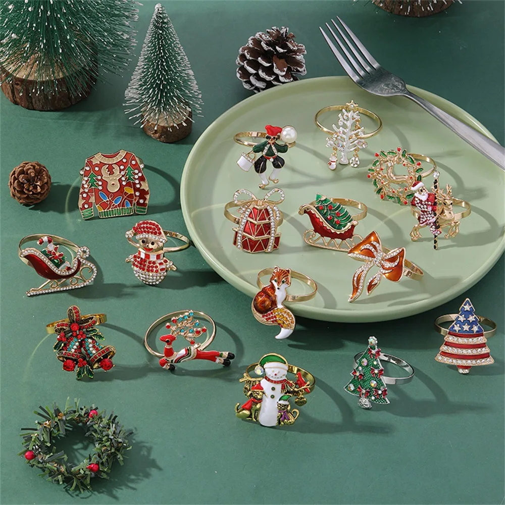 Christmas Micro Inlaid Color Zirconium Napkins Rings Sleds Reindeer Elderly Napkins Clasps Bells Christmas Tree Rings
