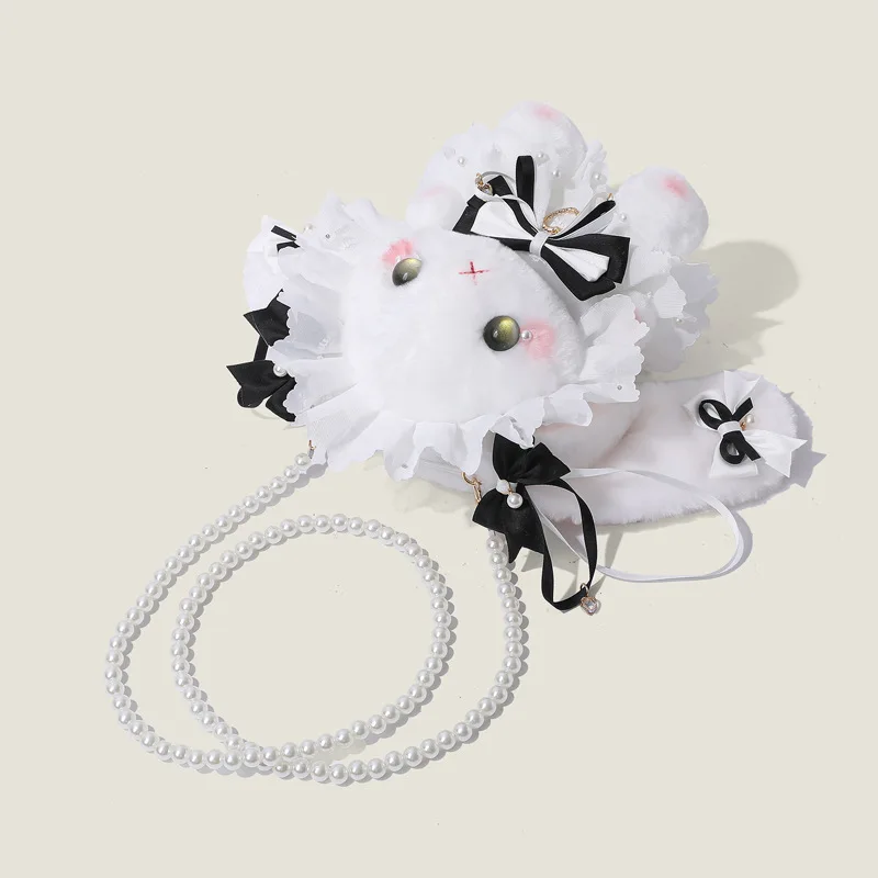 Cute plush rabbit crossbody bag with pearl bow suitable for girls Lolita style cartoon shoulder bag holiday gift