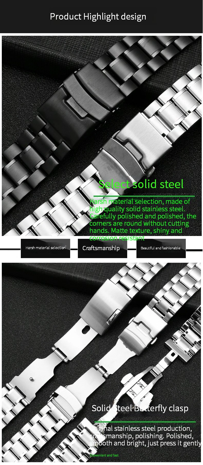 Curved End Solid Matte Stainless Steel Watch Band For Seiko Citizen Casio Timex 20mm 22mm Black Metal Strap Watch Accessories