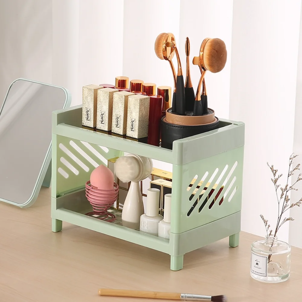 2 Layer Kawaii Minimalist Desk Desktop Organizer Storage Rack Student Dormitory Hollow Shelf Skin Care Storage Shelf New Cute