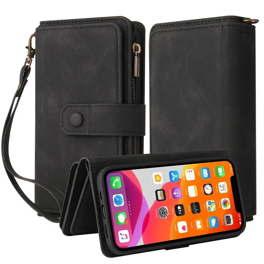 Leather Zipper Wallet Case with 15-Card Slots