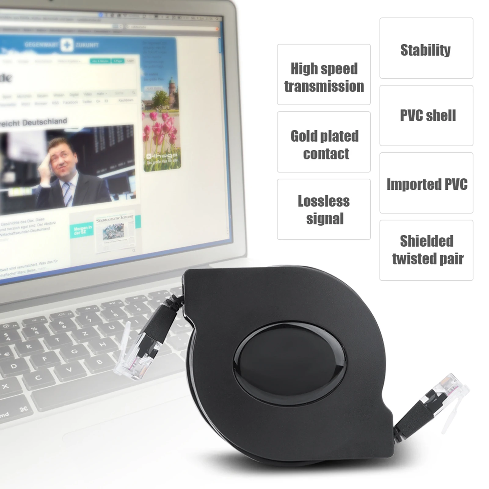 Adjustable Retractable CAT6 RJ45 Lan Network Cable Cord, 1m/2m, 8 Core, Up to 1000Mbps