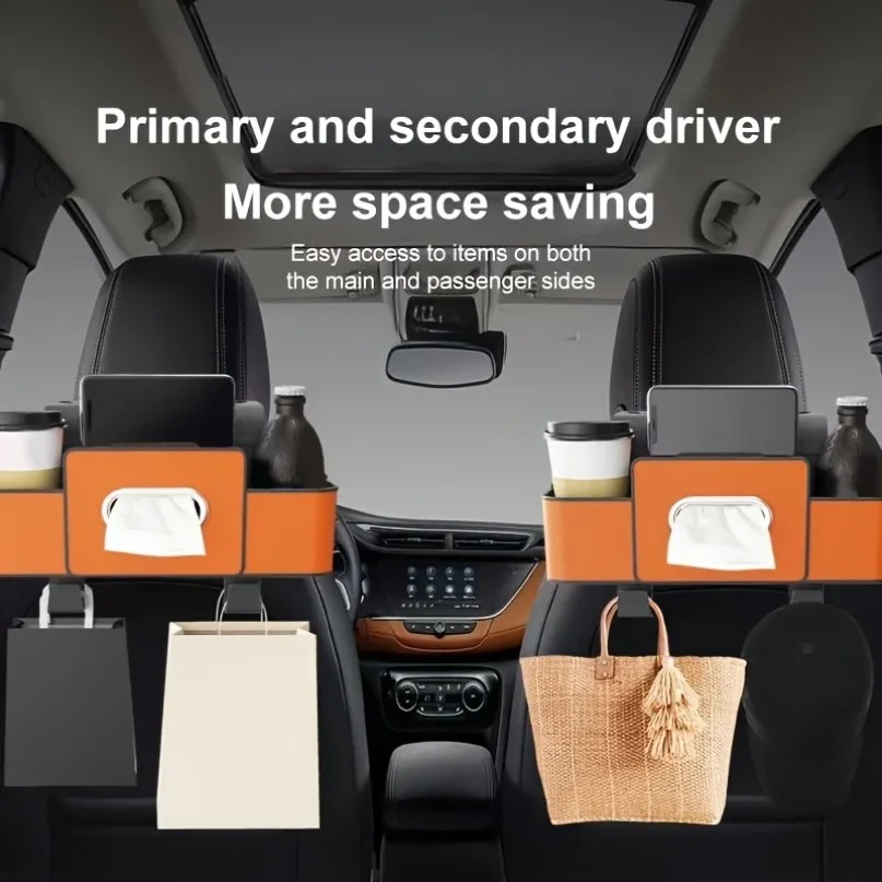 Organizer per Sedile Auto con Scatola in ABS e Porta Fazzoletti Doppio spazio per snack/bevande. Facile da Installare, Resina Durevole per Tutte le Auto.
