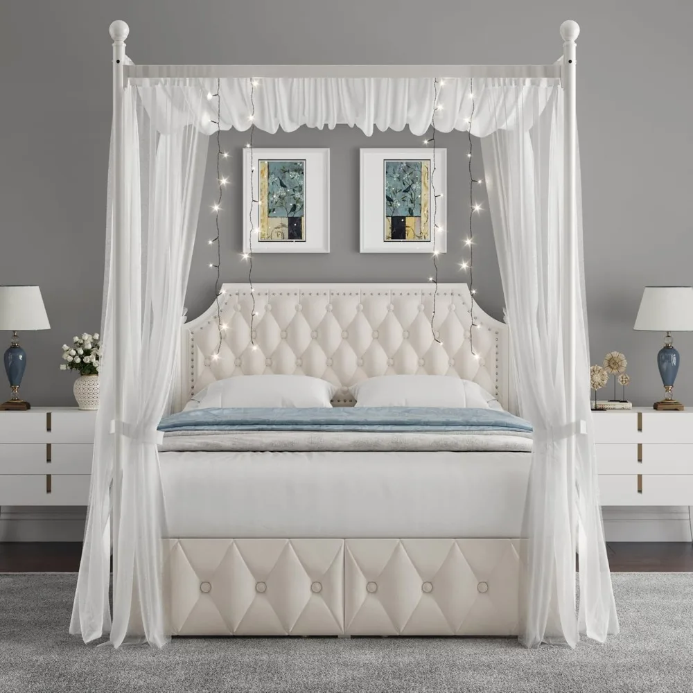 Queen Upholstered Canopy Bed Frame with 2 Drawers and Button Tufted Headboard, Metal Platform Bed with 4 Removable Posts 3