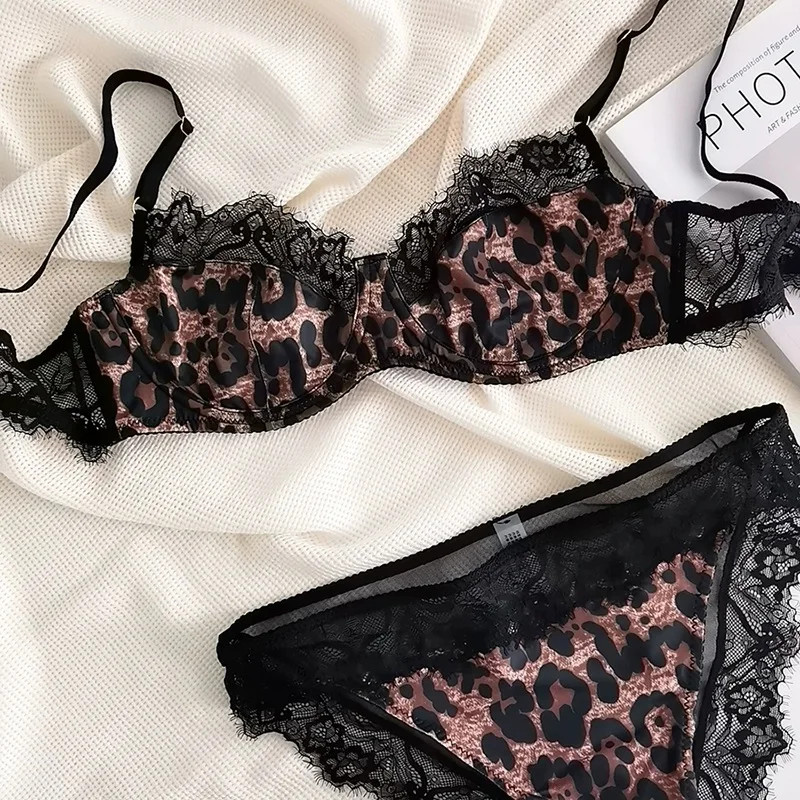 

Sexy leopard women's underwear ultra-thin without pad bra lace edge gathered large size lingerie set bralette