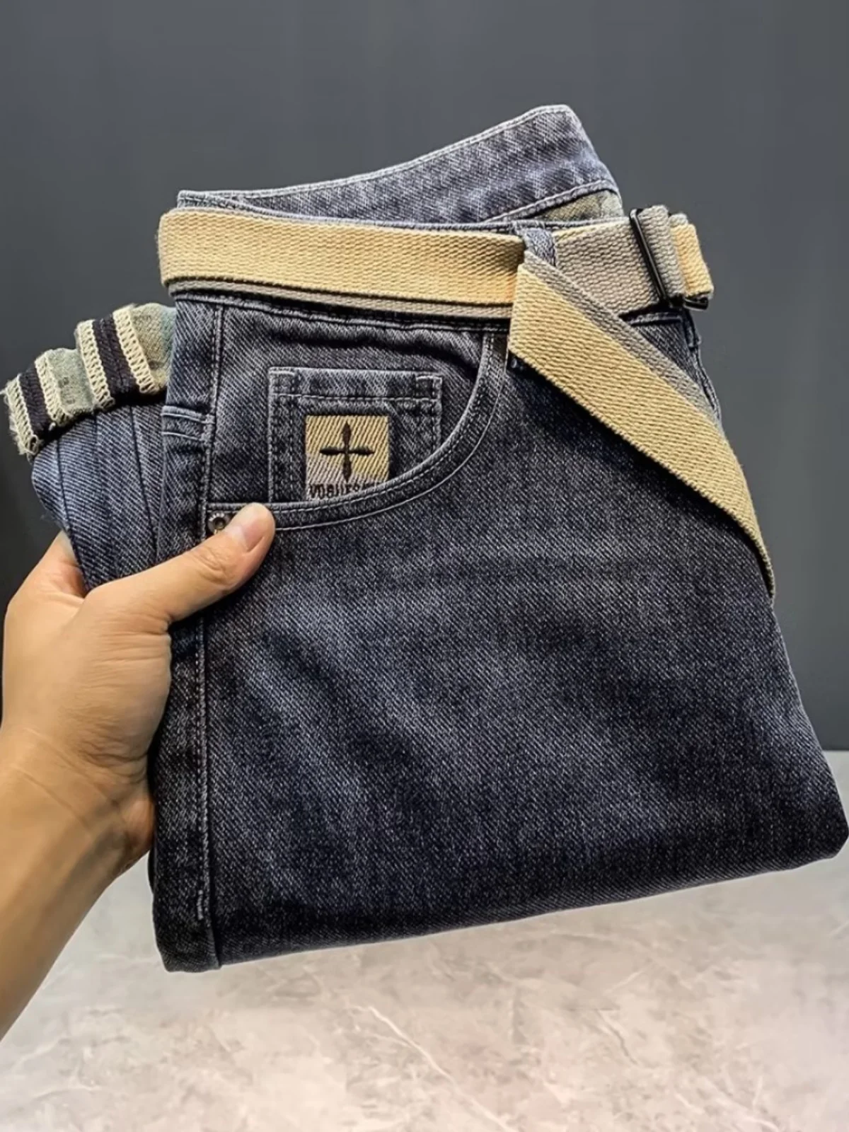 Men's Fce Lined Thiened Winter Straight Leg Jeans Slim Fit Bootcut Trousers Elastic Versatile Long Pants Trendy Brand