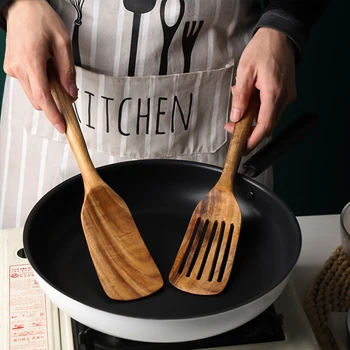 Teak Spatula Set Of 2 Wooden Spatula For Cooking Nonstick Cooking Utensils Long Handle Heat Resistant Slotted Turner Cookware 1