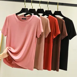 Modal O-Neck T-shirt Short sleeves Lady Summer Casual Basic Tshirt Solid color Loose Tee Tops bottoming tees