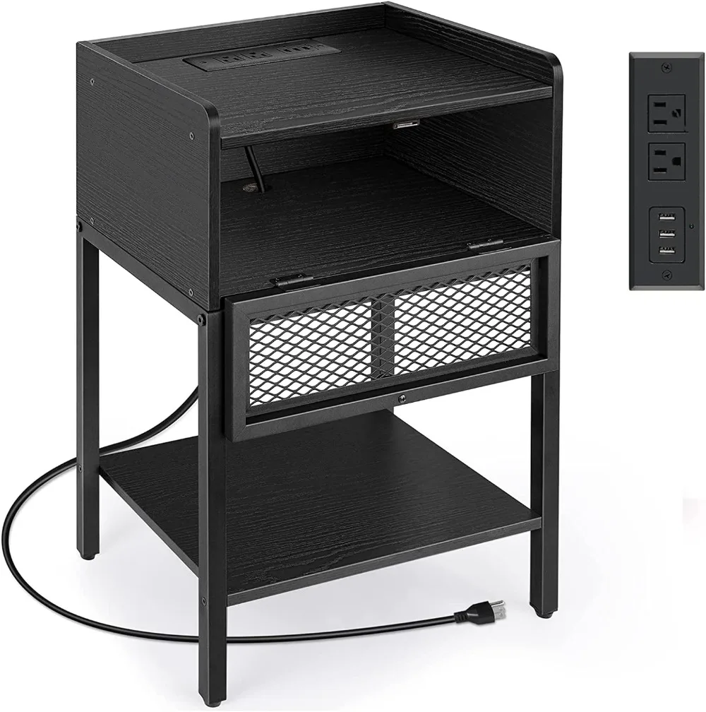 

Nightstand with Charging Station End Table with Drawers, Black Bedroom Furniture