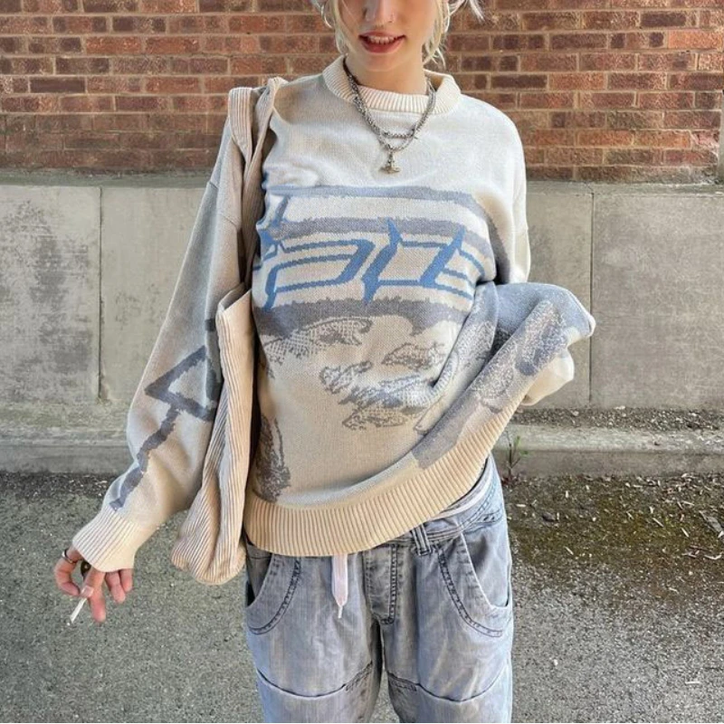 

Women Vintage Knitted Street Harajuku Men's Pullovers Sweater Maiden Oversized Sweaters Creative Stripes Knitwear Pullover Top
