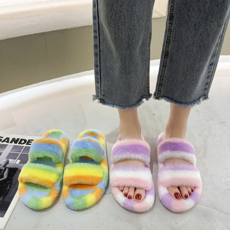 

Winter Plush Slippers for Women Fashion Home Cotton Mixed Colors Woman Shoes Furry Slides for Women Plus Size 42 Ladies Slippers