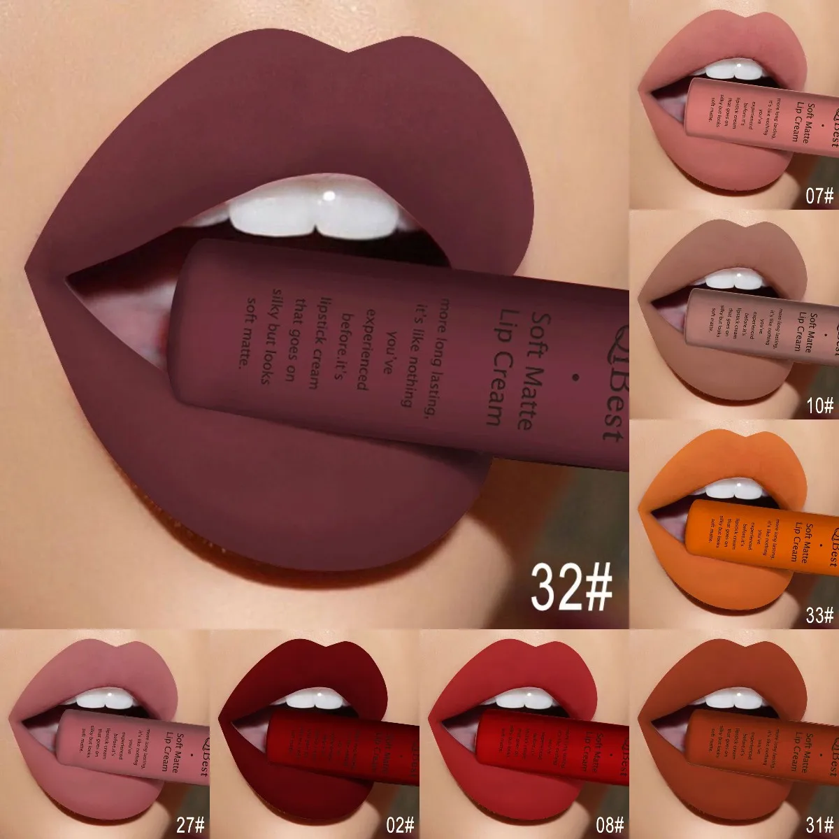 QIBEST Brand 34 Colors Waterproof Matte Nude Lipstick Lipkit Pigment Dark Red Black Long Lasting Lip Gloss Women Makeup Lipgloss 2