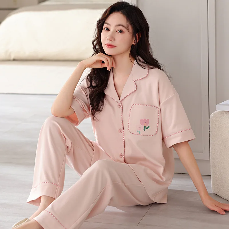 

Fashion Pajama Sets Short Sleeved Cartoon PJ Knitted Plaid Sleepwear Women's Pajamas Loungewear Home Pijama Mujer Summer 2XL