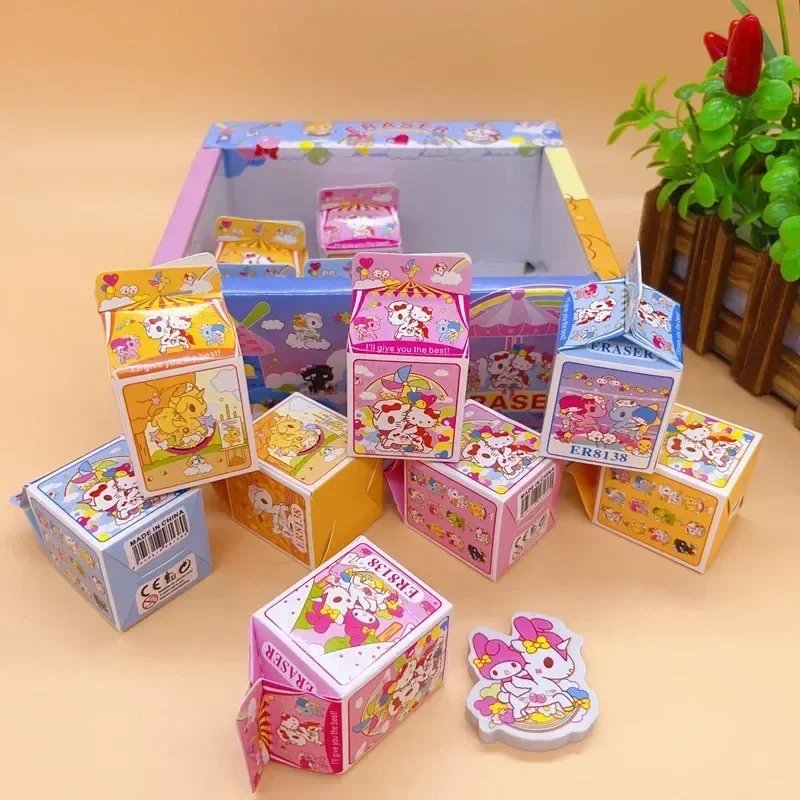

Новинка, ластик Sanrio 12/24 шт., креативный ластик для моделирования в молочной коробочке, милый мультяшный ластик для детских карандашей, студенческие резиновые подарочные коробки