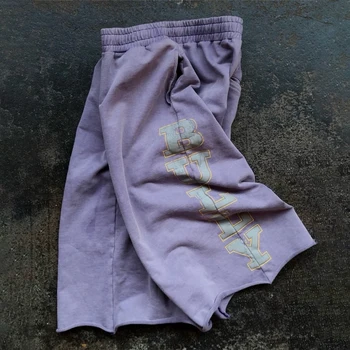 Y2K Retro Imperfect Purple Shorts Sunfade Letter Print Capri Pants American Hip Hop Casual Streetwear Unisex Baggy Sweatpants 1