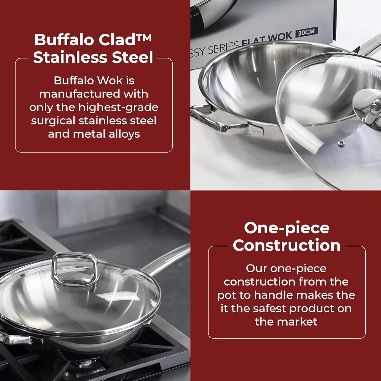 Clad Stainless Steel Wok Pan with Lid Flat Bottom 12 inch (30cm) - Small Stir Frying Pan with Stay-Cool Long Handle - Tr 2