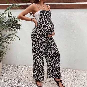 Maternity Pregnant Women Overalls Boho Floral Print Spaghetti Strap Wide-leg Jumpsuit Spring Summer Casual Pregnancy Clothing