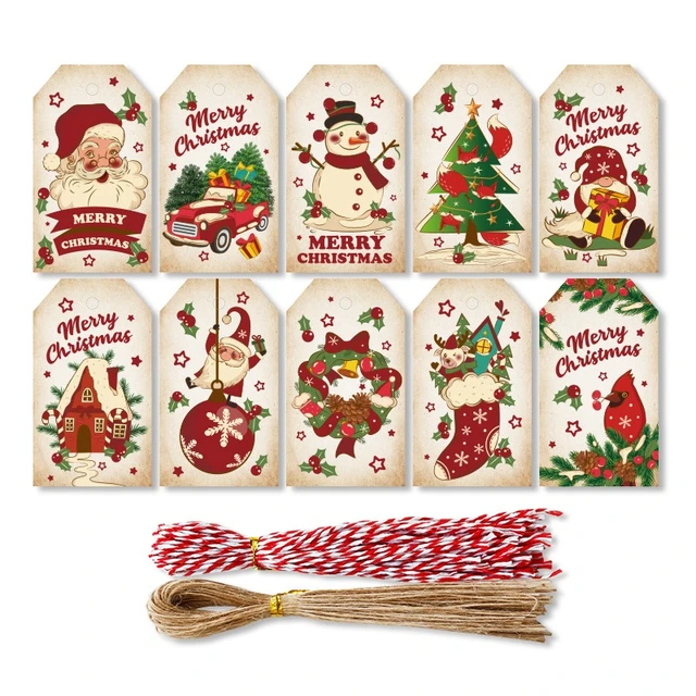 Merry Christmas Gift Tags White Kraft Paper Card with Strings Hang