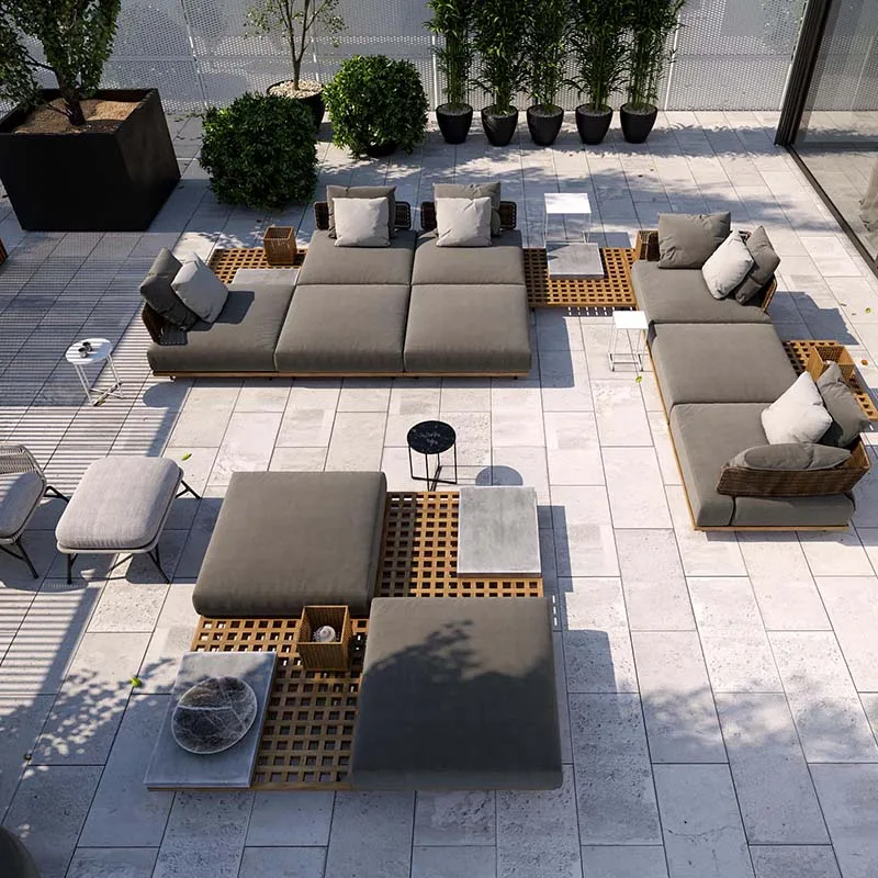 

Outdoor Teak Wood HighEnd Villa Sofa Set Courtyard Rattan Chairs Garden Furniture Combo