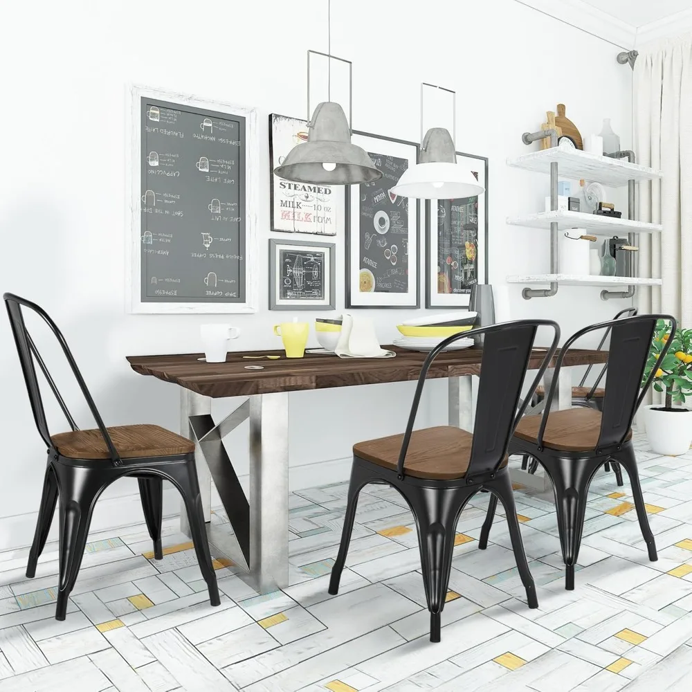 18 Inch Classic Iron Metal Dining Chair with Wood Top/Seat Indoor-Outdoor Use Chic Dining Bistro Cafe Side Barstool 2