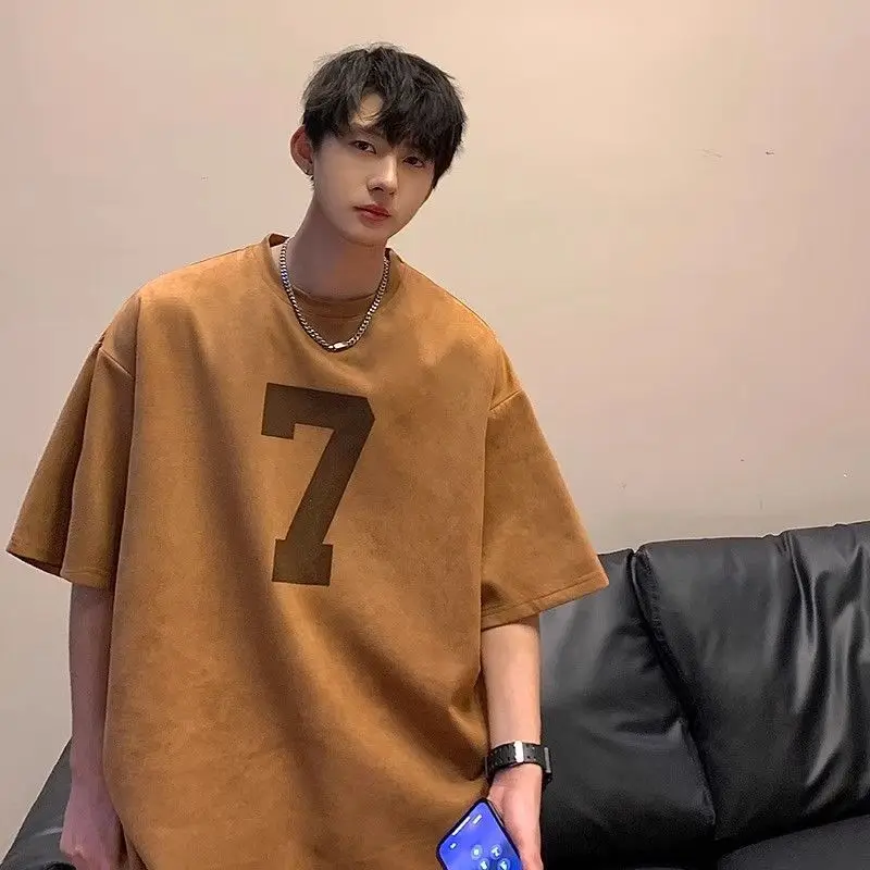 

Suede heavyweight short sleeved t shirt men summer trendy brand American retro small neckline five point half sleeved T-shirt