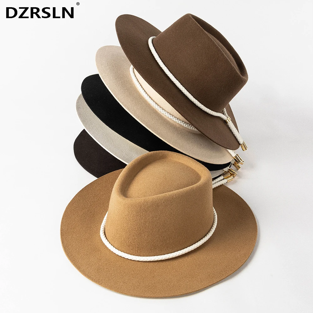 

2024 New Autumn And Winter Felt Hat Wide Brim Women Fashion Wool Belt Rope Decoration Luxury Design Holidays Panama Hats