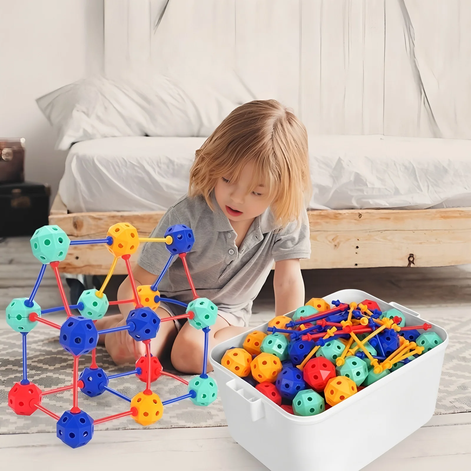 3D 기하학적 변형 가능한 블록 어린이 교육용 장난감 대형 입자 스트링 비즈 공간적 사고력 조립
