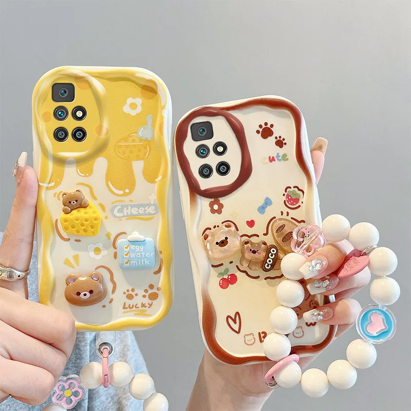 

Fashion Wavy Edge Cute Creamy Cartoon Animals Phone Case For Xiaomi Redmi 10 4G Redmi 10 Prime 4G Hand Strap Bracelet Case Cover
