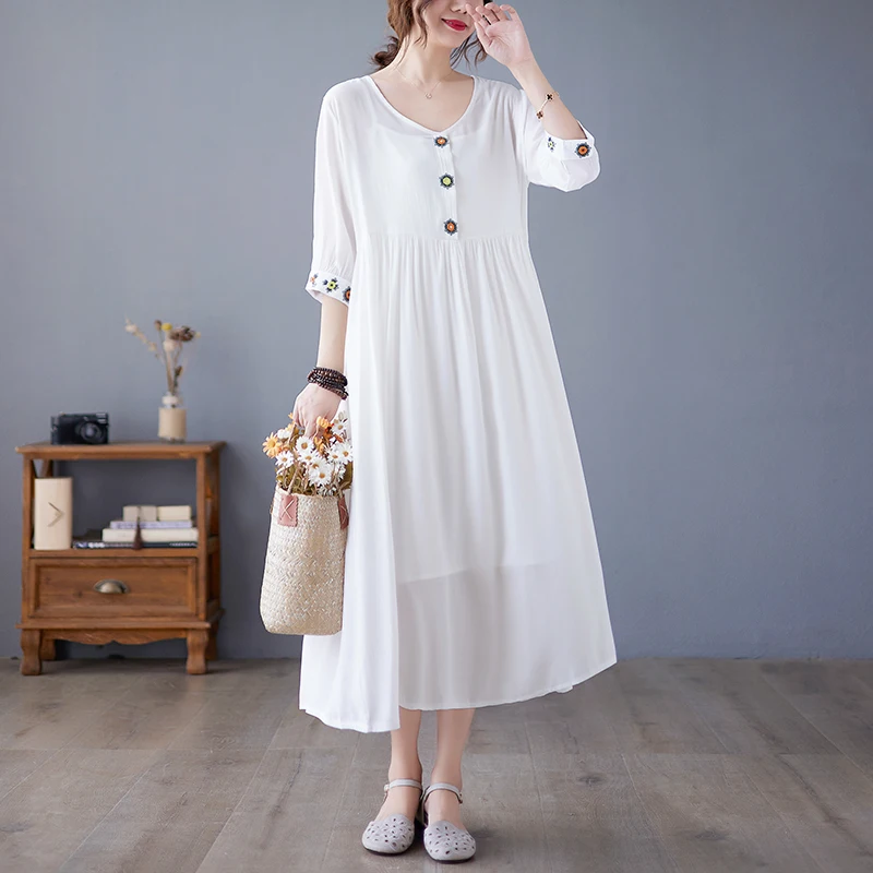 

Summer Office Lady Dress Loose Bohemian Mid Length Dress 2022 Shegifts Fashion Vintage Solid Color Sundress Beach Vestidos