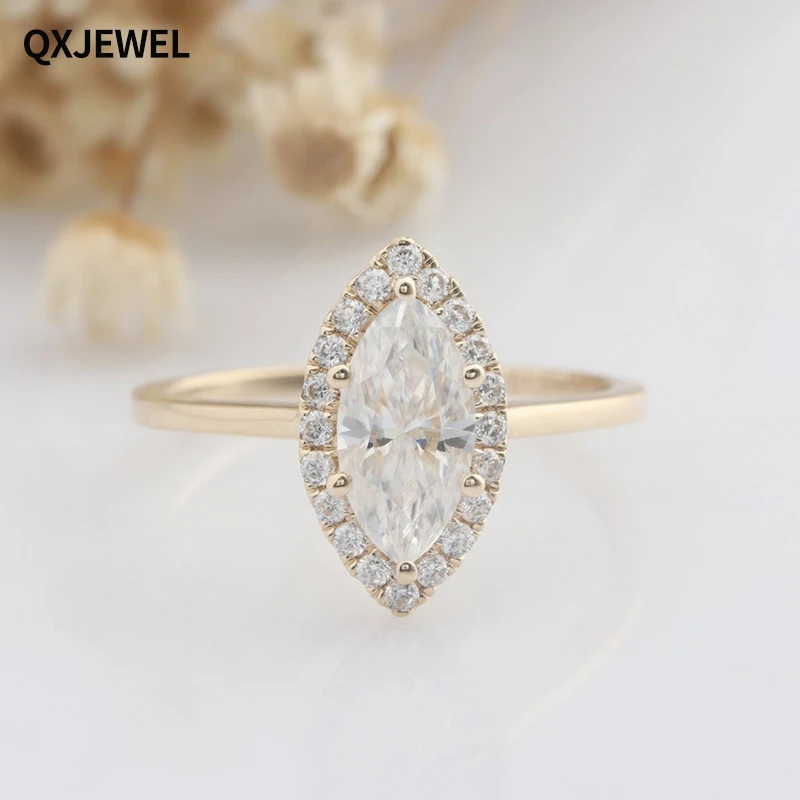 

QXJEWEL 1CT Marquise Center Moissanite Engagement Ring Prong Setting 14k Gold With Halo For Women Girls Anniversary