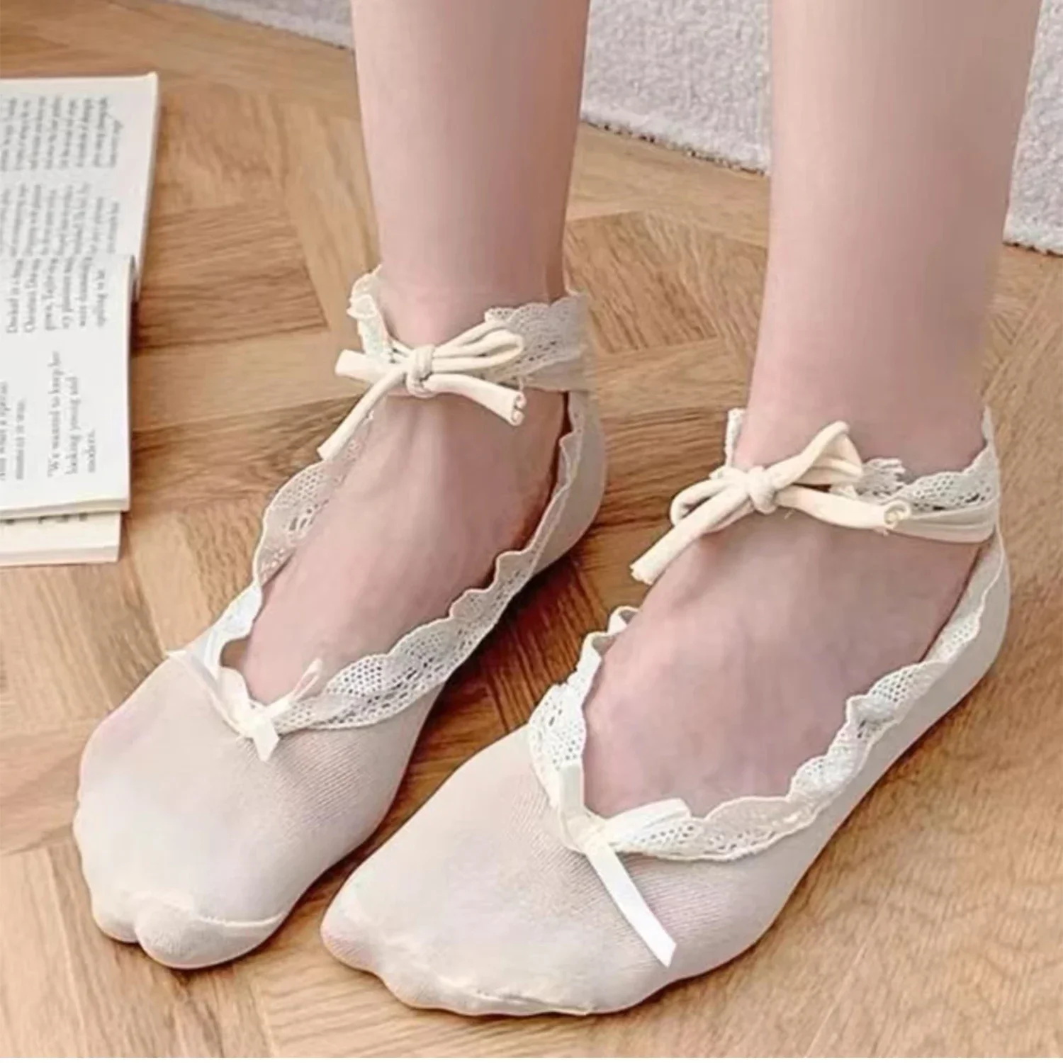 Japanese Style Girl Lolita Modern Dance Latin Dance Socks Ballet Lace Tie Straps Boat Socks Bowknot Women Fishnet Slippers