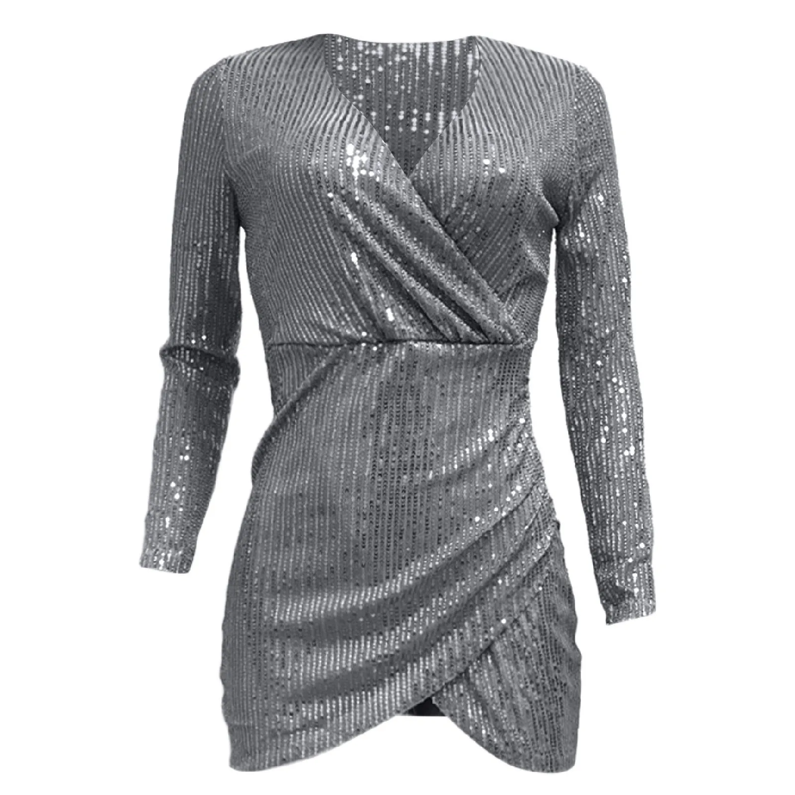 Cocktail Party Dresses For Women Sexy Deep V Neck Long Sleeve Bodycon Mini Dress Sparkly Glitter Sequin Slim Midi Dress Vestidos - 5