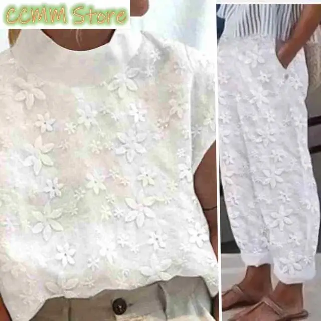 New Spring Summer Hollowed Out Cotton Linen Lace Suit Women Casual Pockets Solid Color Top Pants Lady Loose Two Pieces Suit