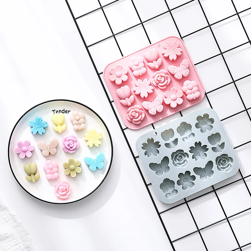 실리콘 몰드 초콜릿 캔디 케이크 젤리 몰드 퐁당 베이킹 몰드 식품 DIY 도구, 12 그리드 3D 꽃 나비 모양