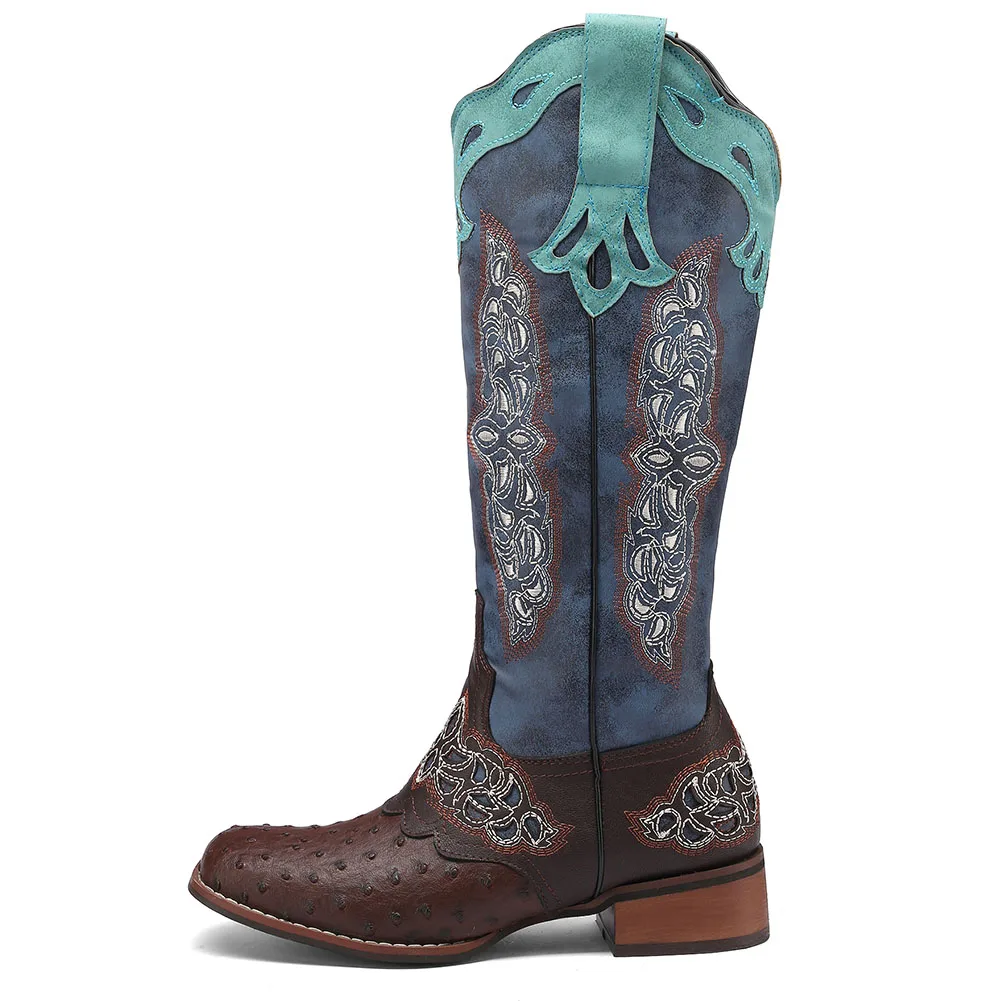AOSPHIRAYLIAN Western Cowboy Patchwork Sewing Floral Boots For Women 2023 Knee High Retro Cowgirl Riding Women's Shoes Boots