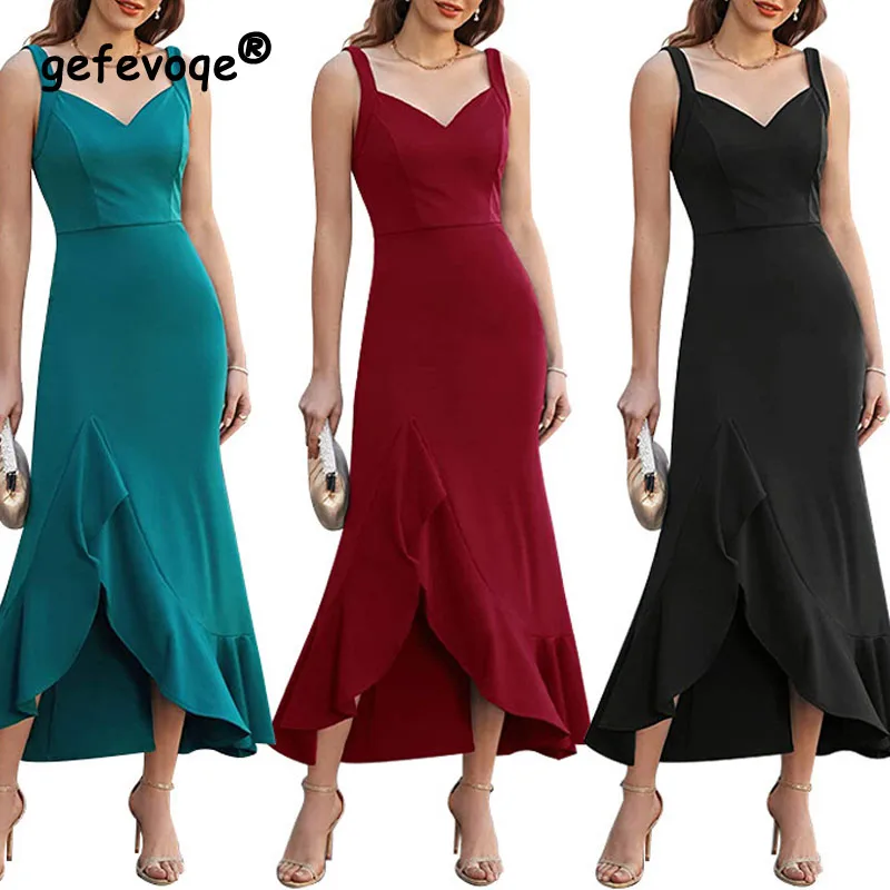 

2023 Summer Women's New Solid Color Fashion Sexy Flowering Ruffled Sleeveless Evening Dress V-Neck Long Comfortable Dress