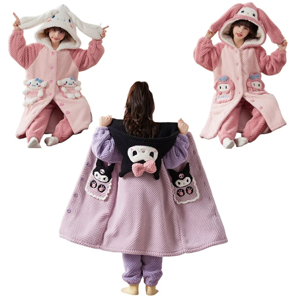 

Sanrios My Melody Hellokittys Kuromi Cinnamoroll Pochacco Pompom Pajamas Suit Winter Warm At Home Parent-child Pajamas Gifts