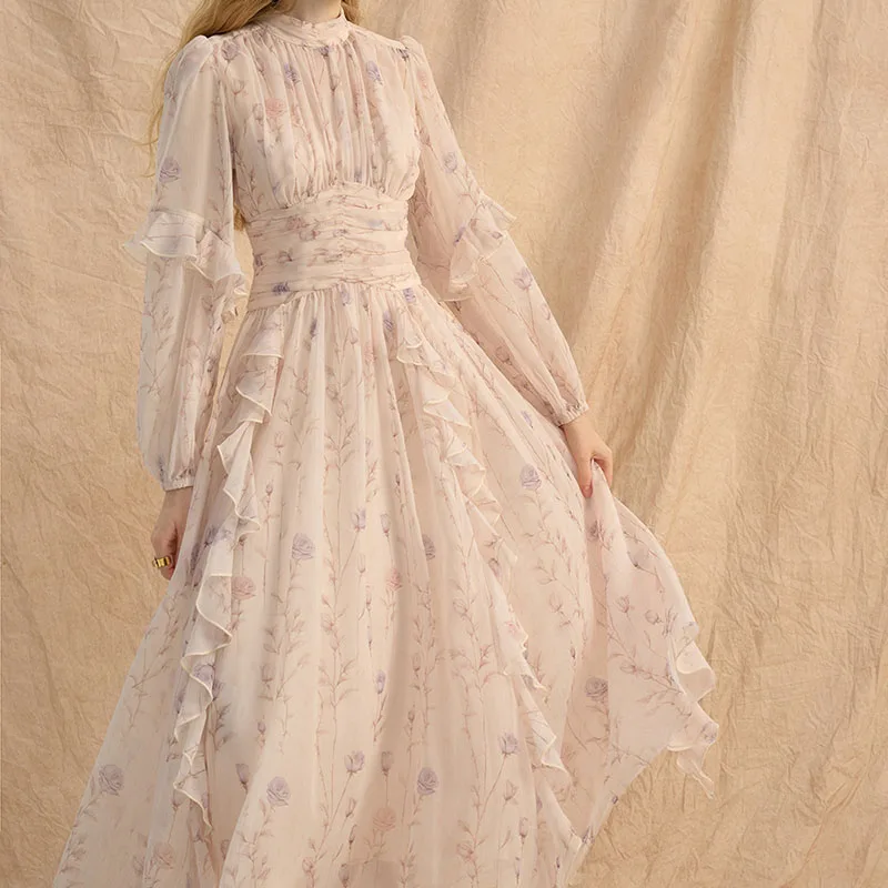 Women Long Sleeved Dress A-line Floral Print Pattern Pleated Semi High Neck Elastic Bubble Sleeves Ruffle Edge Design Long Dress