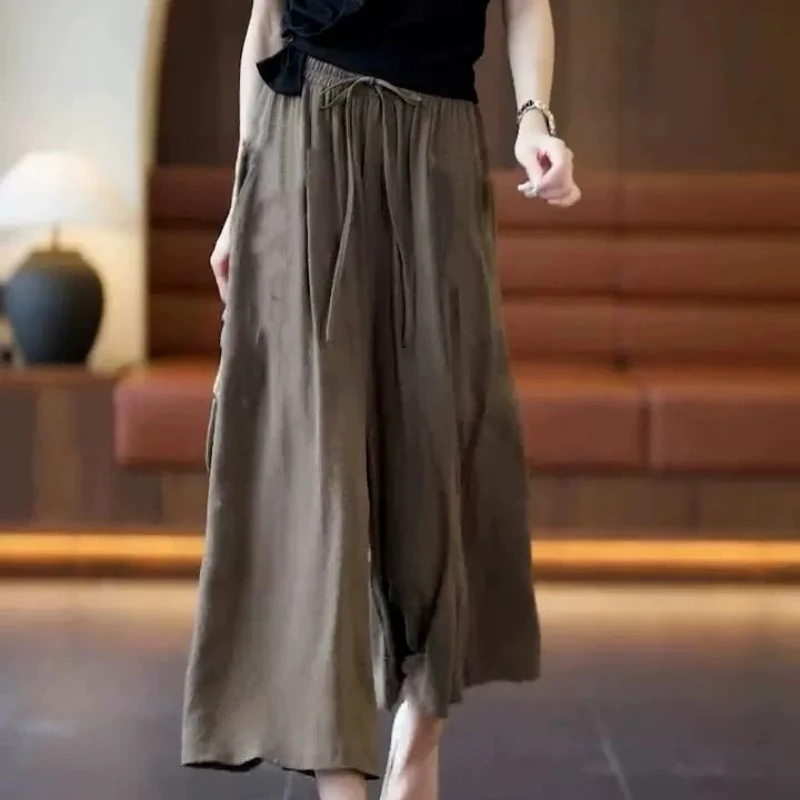 2024 Summer Thin High Waist Loose Casual Elastic Waist Large Size Covering Meat Elegance Simple Seven Quarter Wide Leg Pants For