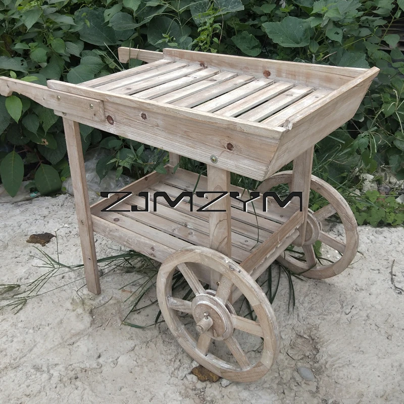 Solid Wood Flower Stand Storage Racks Float Flower Rack Shop Decoration Display Rack Multi-Functional Retro Cart
