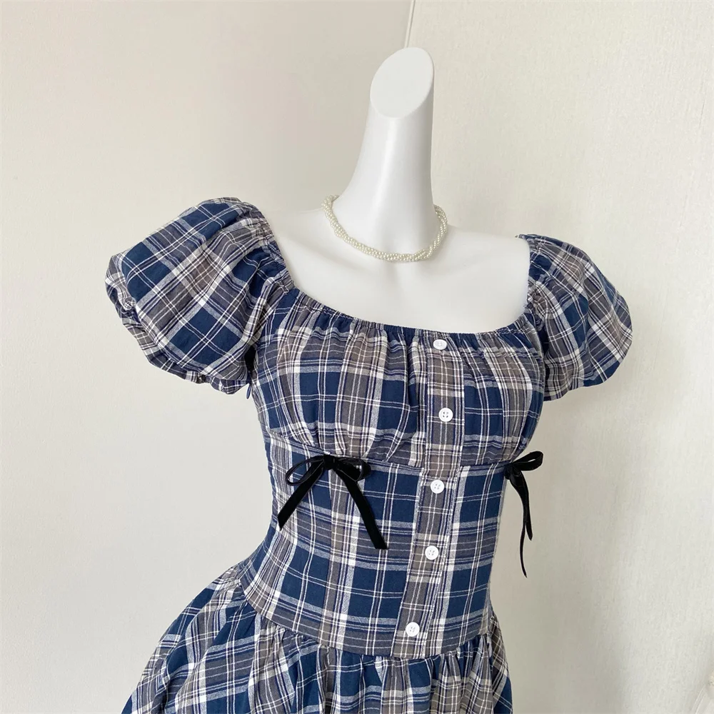 Y2K Plaid Short Dresses for Women Princess Birthday Party Dress Puff Sleeve Square Collar Bow Prom Summer Mini Vestidos Mujer