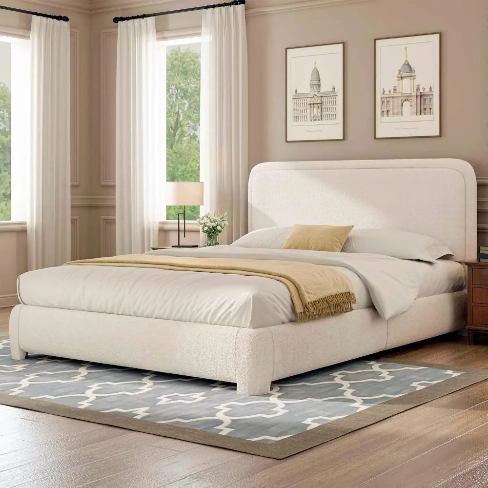 Bed Frame and Headboard, Boucle Upholstered Platform Bed Frame, Modern Style, Soft Rounded Corners, No Box Spring Required, 6